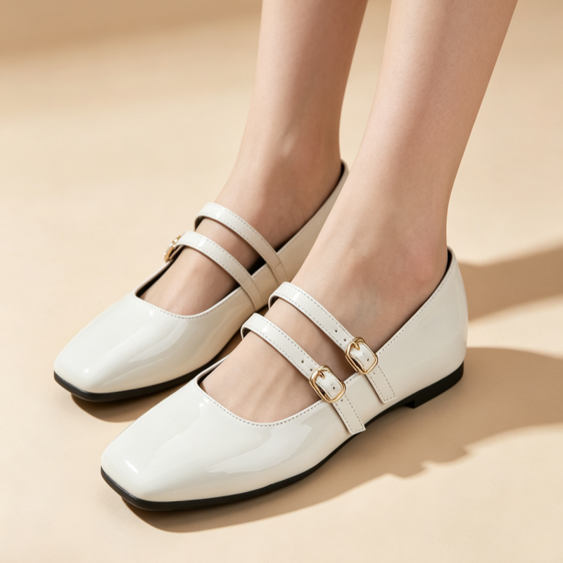 Vintage French Square Toe Patent Leather Mary Jane Flats for Women
