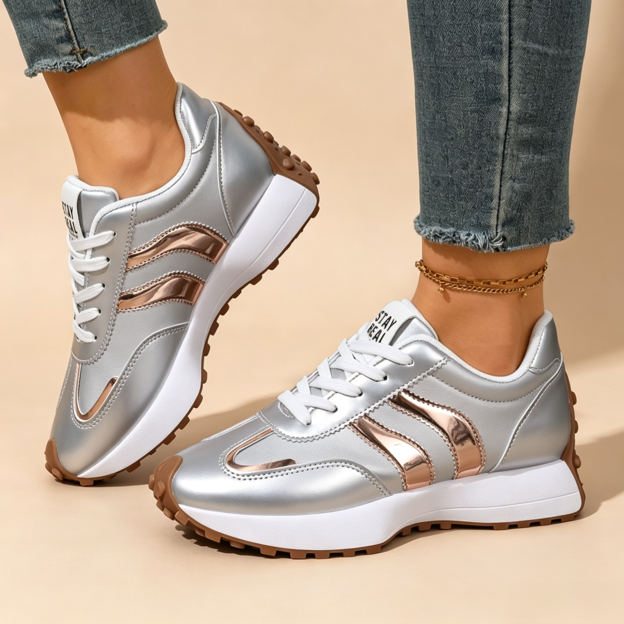 Women's Lightweight Casual Retro Striped Metallic Platform Sneakers