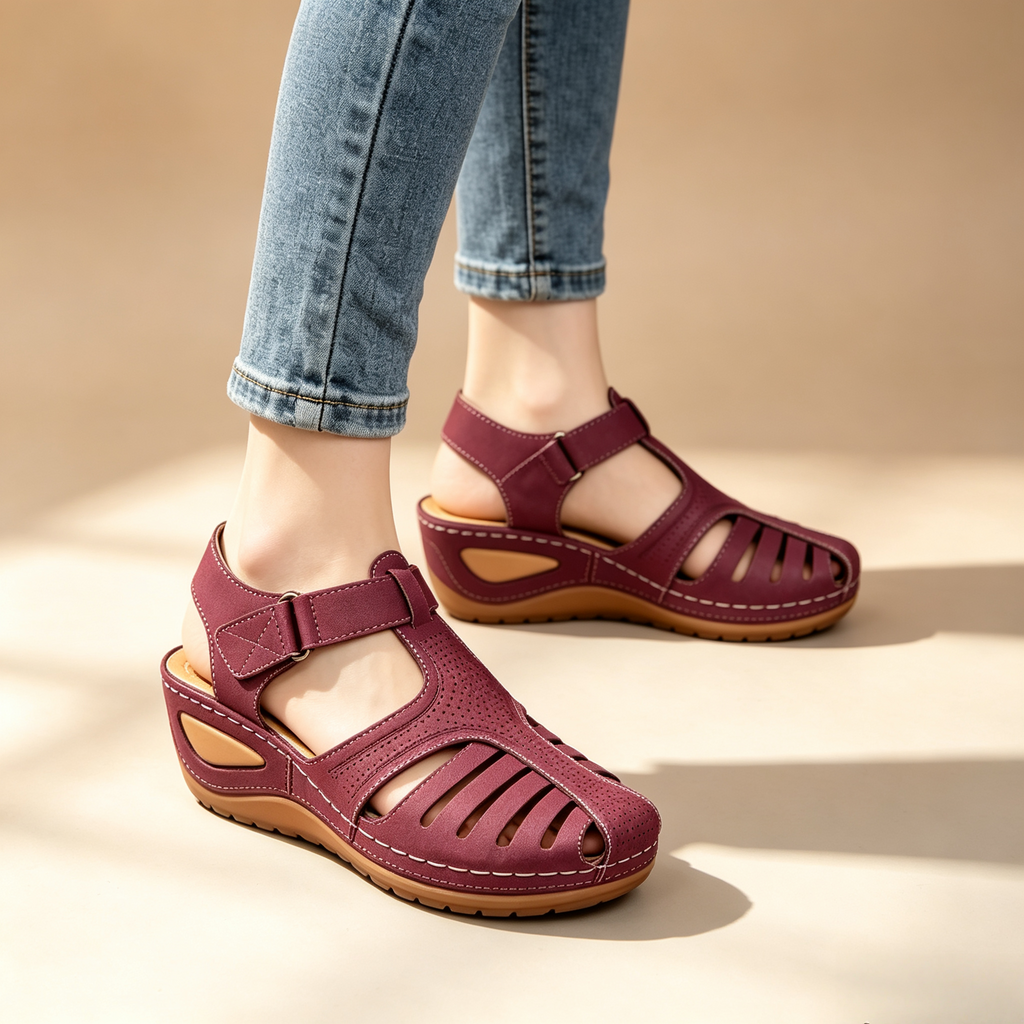 Women's Closed-Toe Cut-Out Wedge Sandals with Adjustable Hook-and-Loop Closure