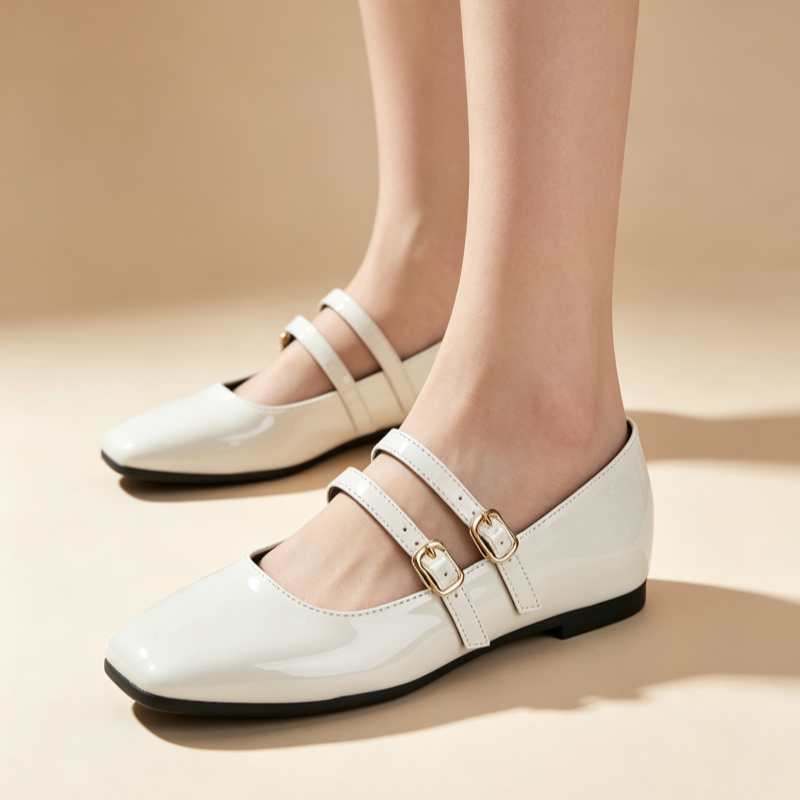 Vintage French Square Toe Patent Leather Mary Jane Flats for Women