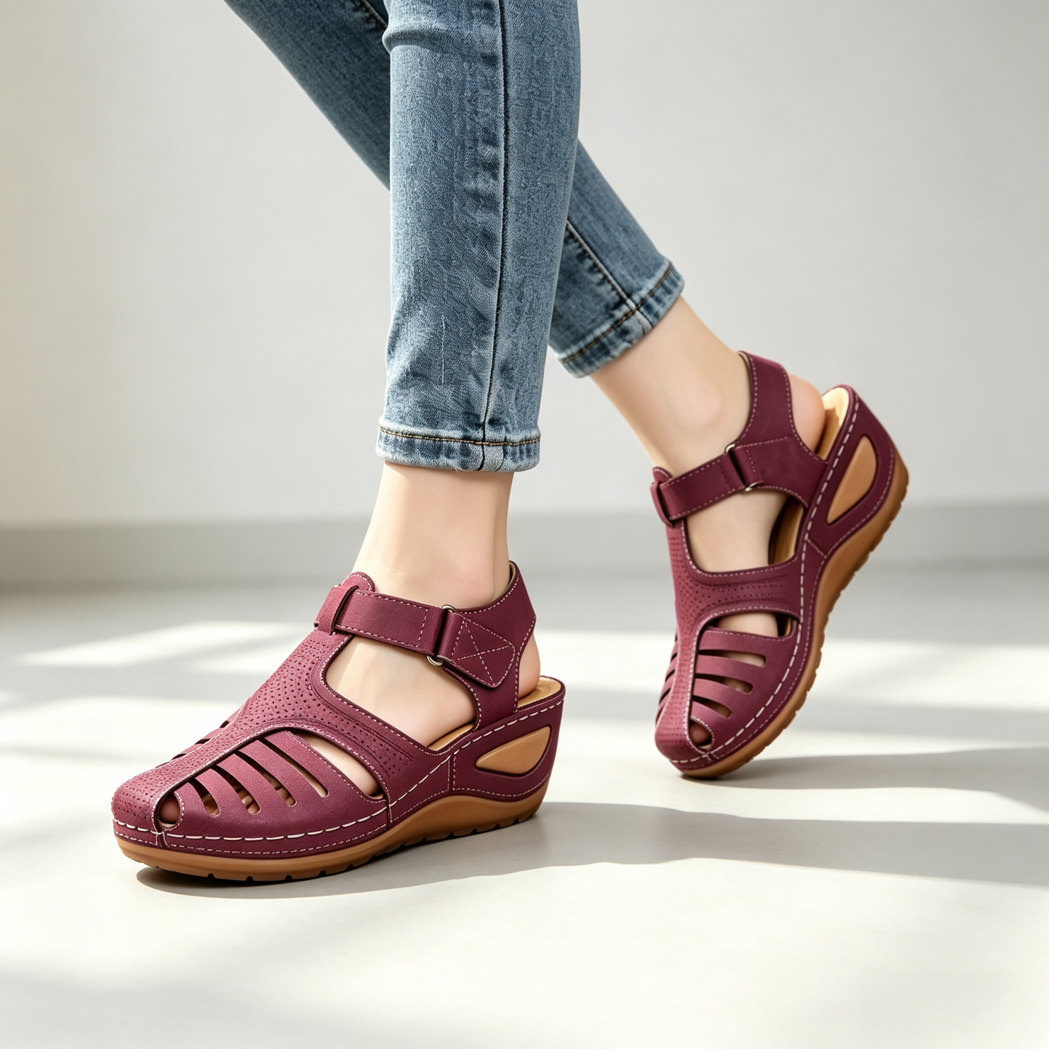 Women's Closed-Toe Cut-Out Wedge Sandals with Adjustable Hook-and-Loop Closure