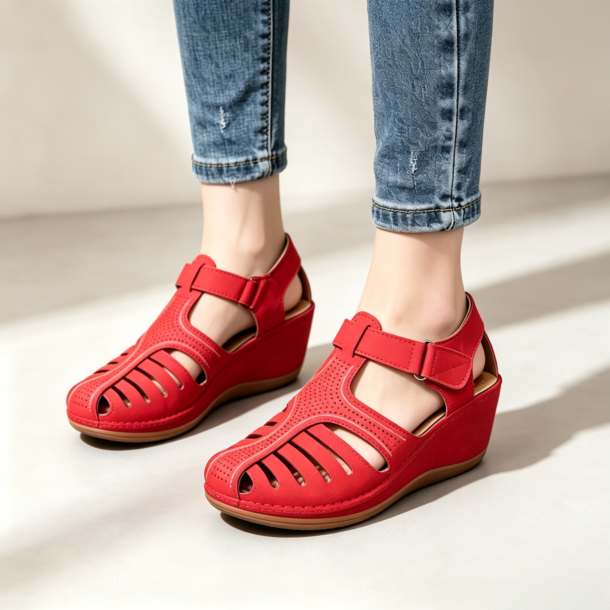 Women's Closed-Toe Cut-Out Wedge Sandals with Adjustable Hook-and-Loop Closure
