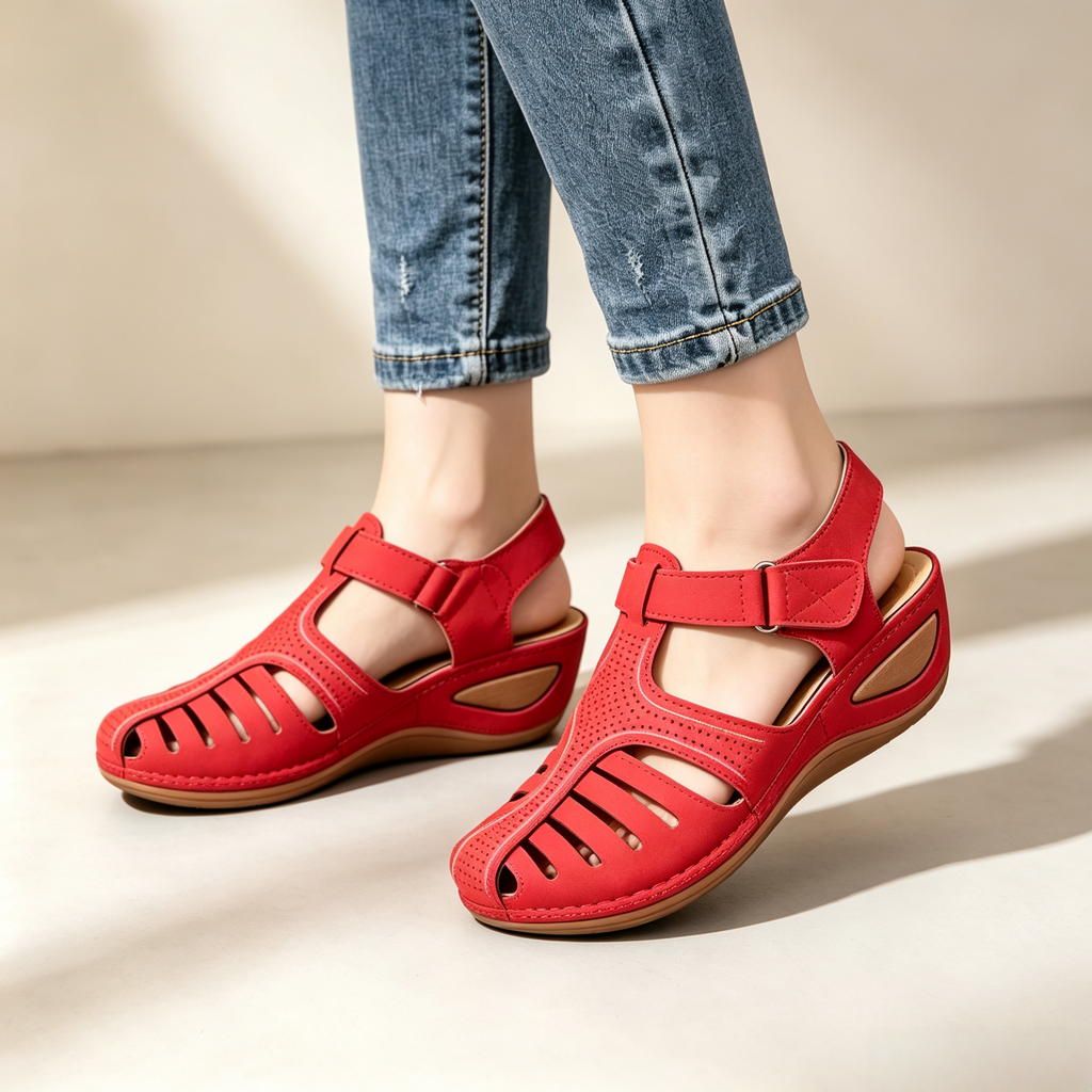 Women's Closed-Toe Cut-Out Wedge Sandals with Adjustable Hook-and-Loop Closure