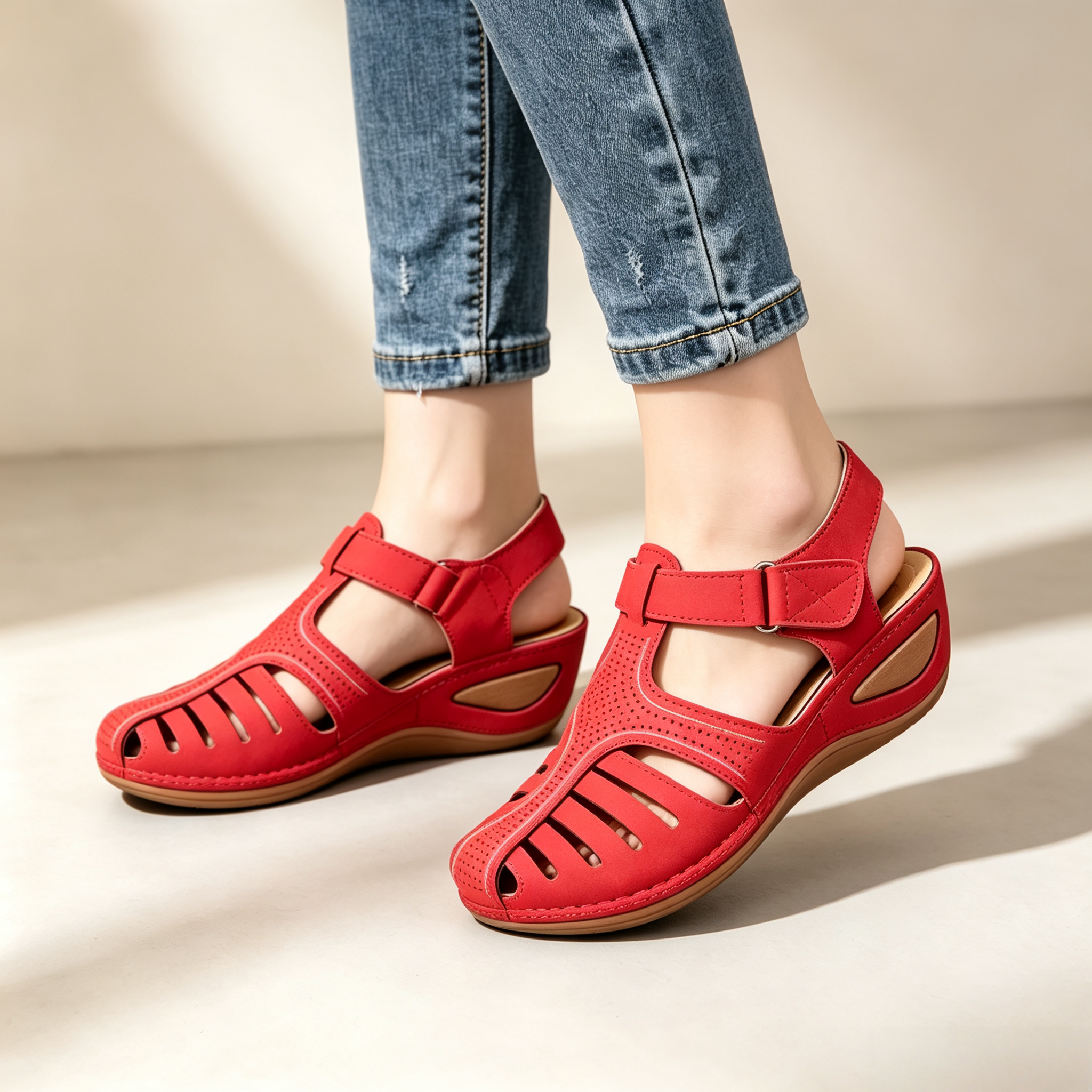 Women's Closed-Toe Cut-Out Wedge Sandals with Adjustable Hook-and-Loop Closure
