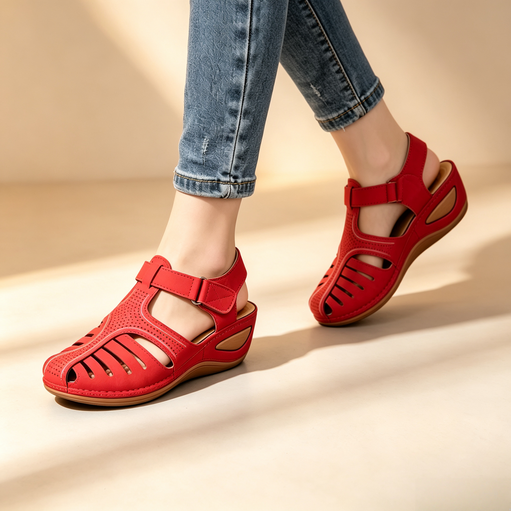 Women's Closed-Toe Cut-Out Wedge Sandals with Adjustable Hook-and-Loop Closure