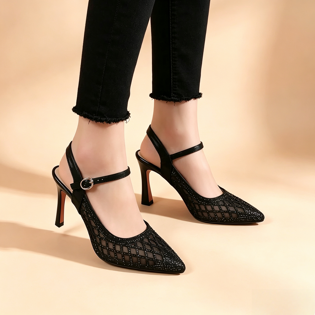 Women's Mesh Rhinestone Pointed-Toe High-Heel Sandals