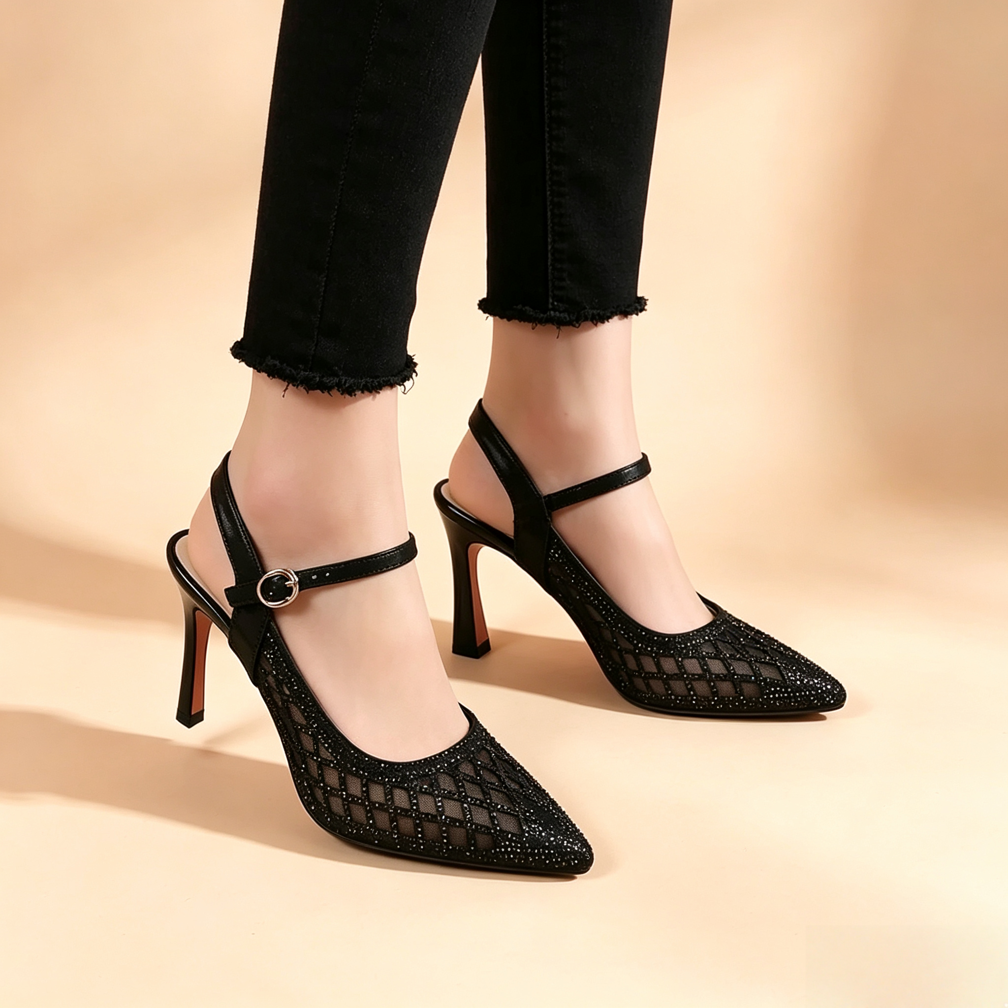 Women's Mesh Rhinestone Pointed-Toe High-Heel Sandals