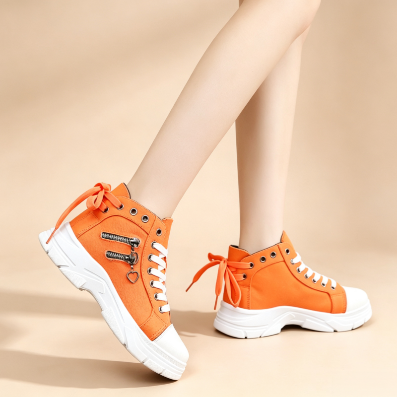 Women's Denim High-Top Platform Sneakers with Cute Heart-Shaped Zipper