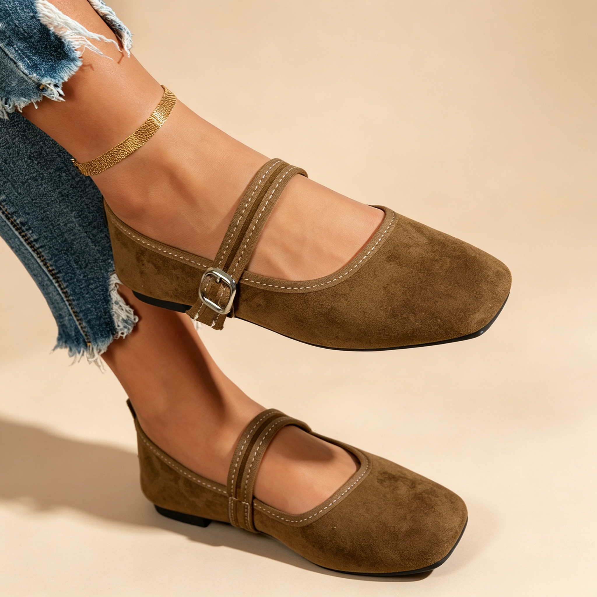 Women's Retro Square-Toe Suede Mary Jane Flats with Adjustable Single Strap