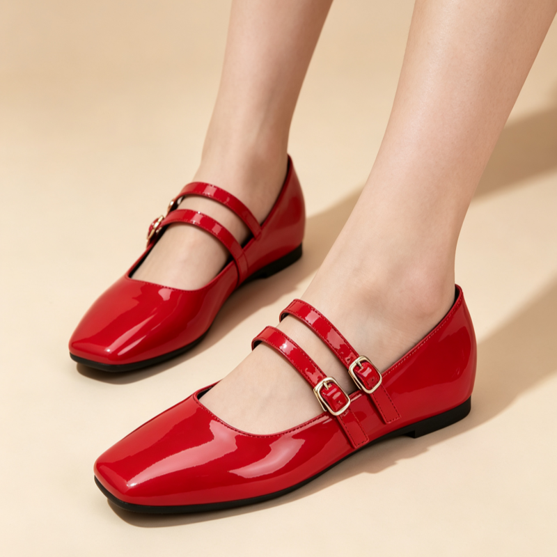 Vintage French Square Toe Patent Leather Mary Jane Flats for Women