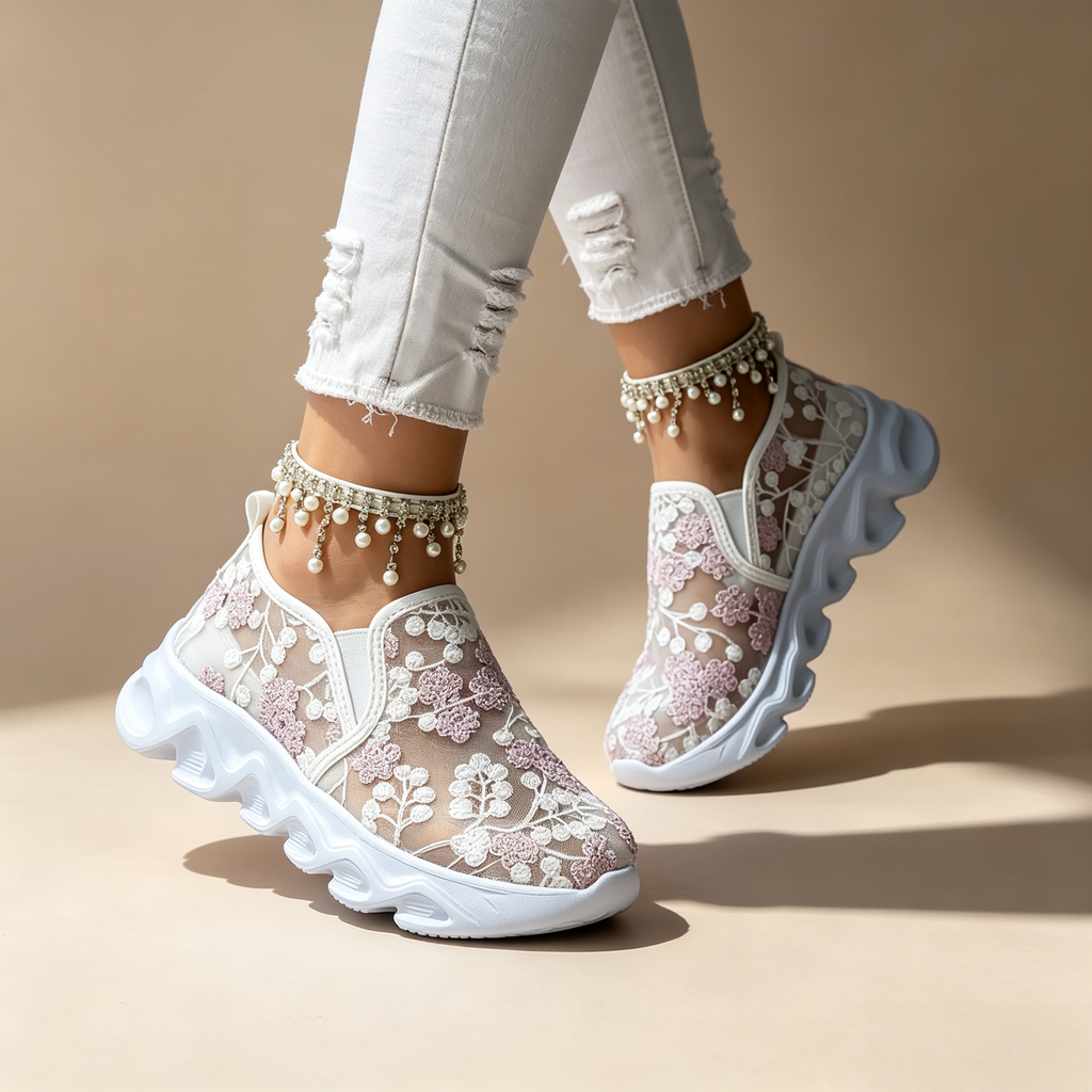 Women's sequin lace-mesh slip-on sneakers