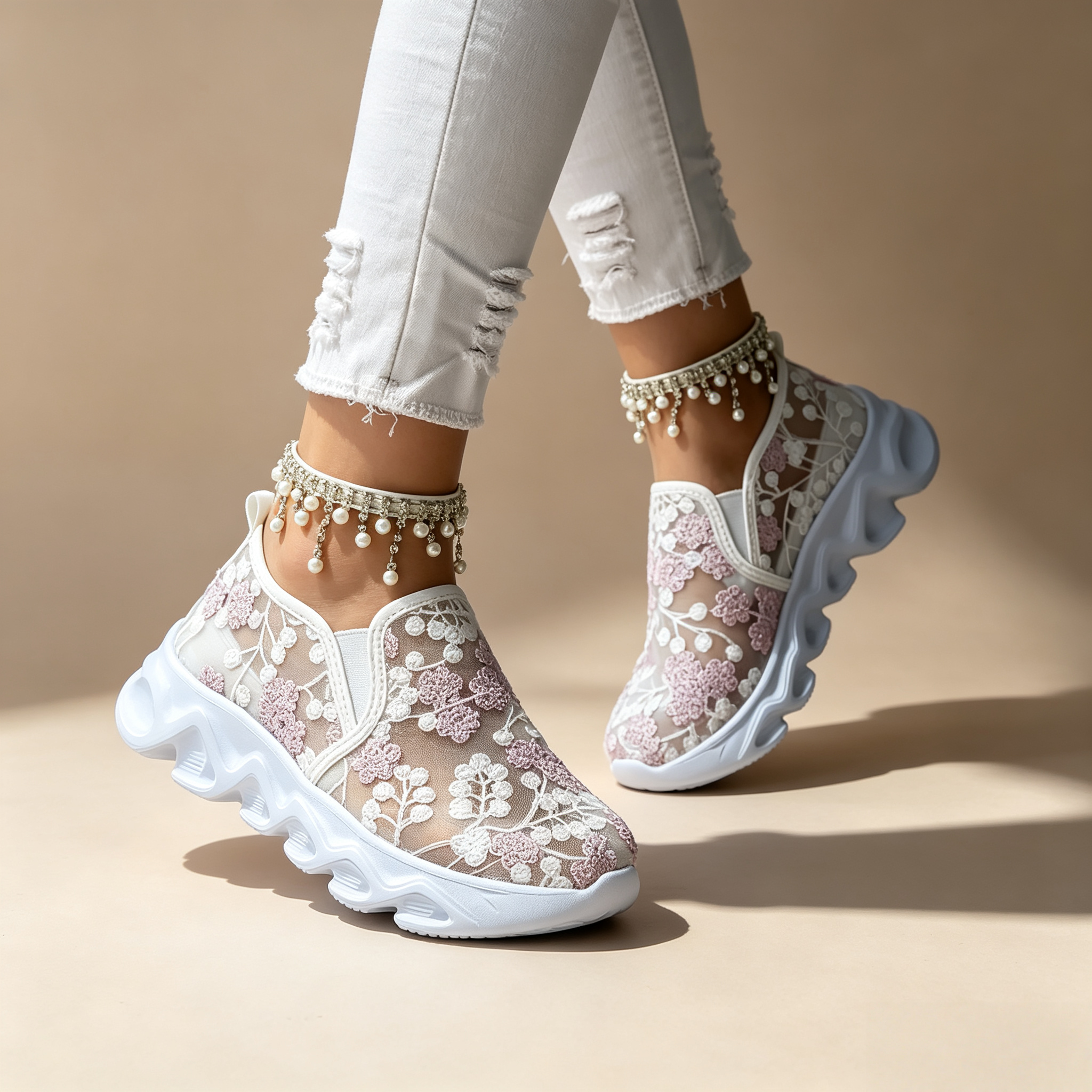 Women's sequin lace-mesh slip-on sneakers