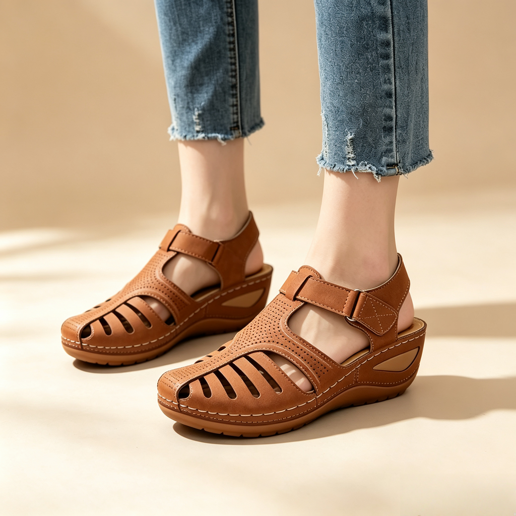 Women's Closed-Toe Cut-Out Wedge Sandals with Adjustable Hook-and-Loop Closure