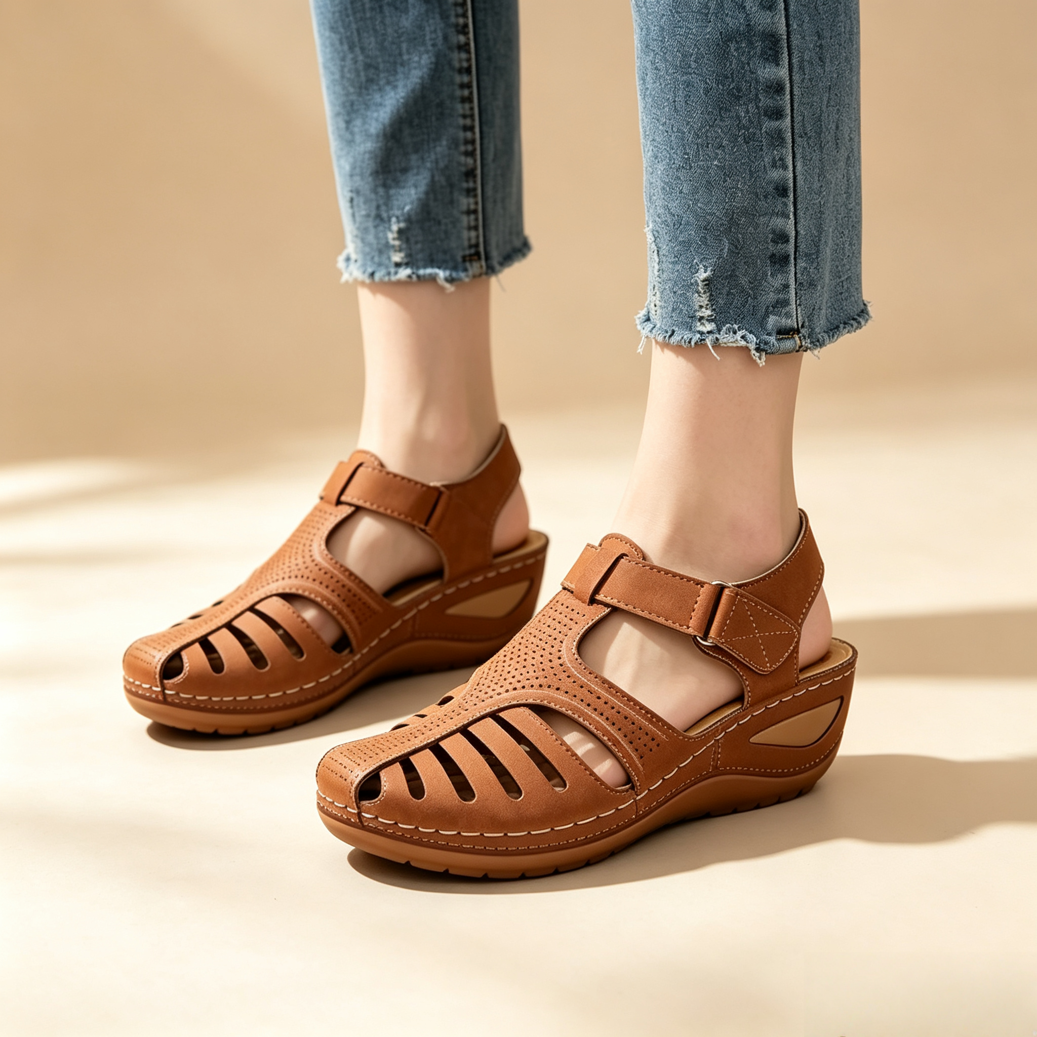Women's Closed-Toe Cut-Out Wedge Sandals with Adjustable Hook-and-Loop Closure