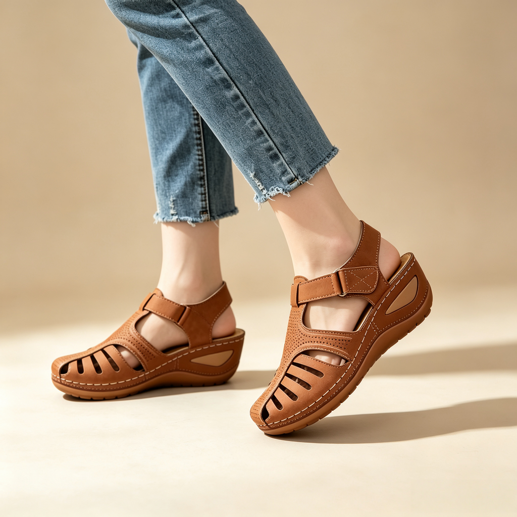 Women's Closed-Toe Cut-Out Wedge Sandals with Adjustable Hook-and-Loop Closure