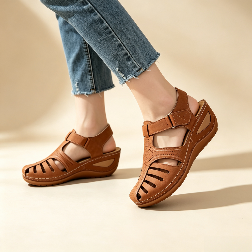 Women's Closed-Toe Cut-Out Wedge Sandals with Adjustable Hook-and-Loop Closure