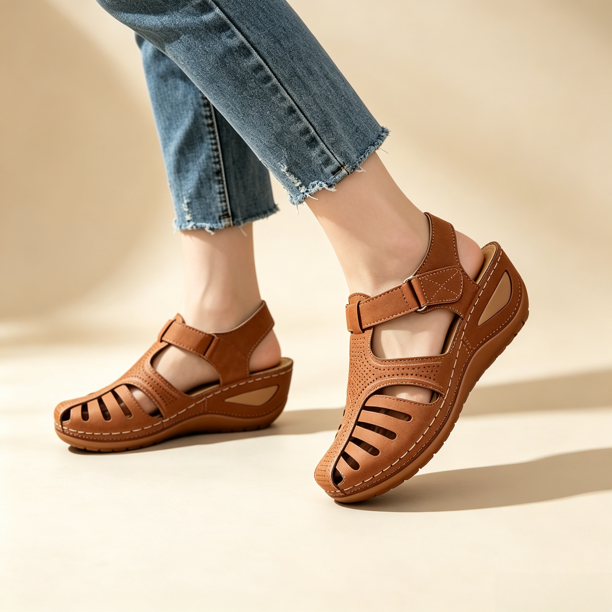 Women's Closed-Toe Cut-Out Wedge Sandals with Adjustable Hook-and-Loop Closure