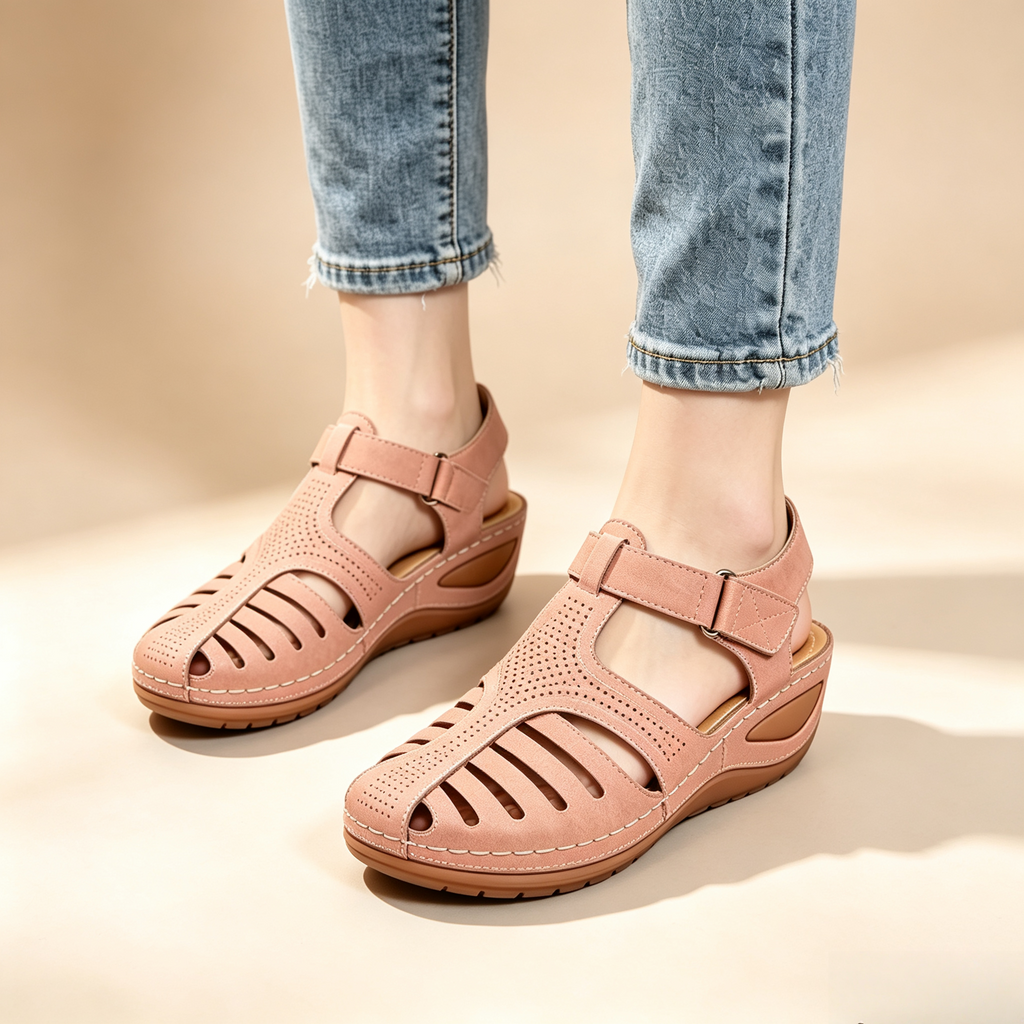 Women's Closed-Toe Cut-Out Wedge Sandals with Adjustable Hook-and-Loop Closure