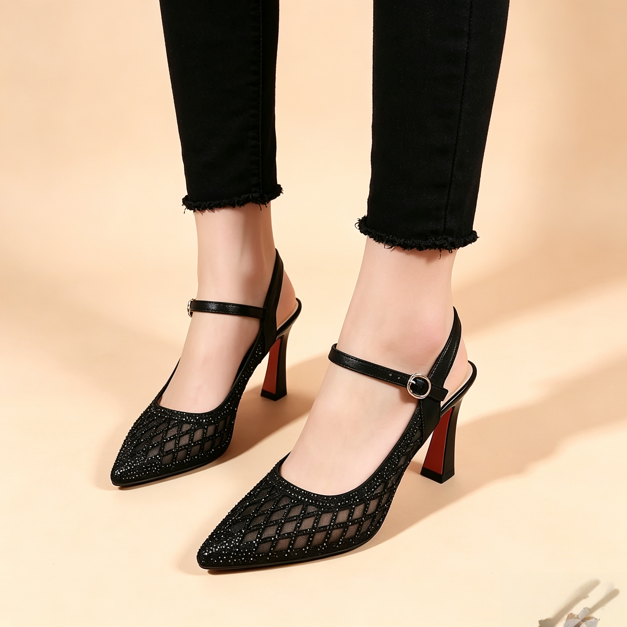 Women's Mesh Rhinestone Pointed-Toe High-Heel Sandals