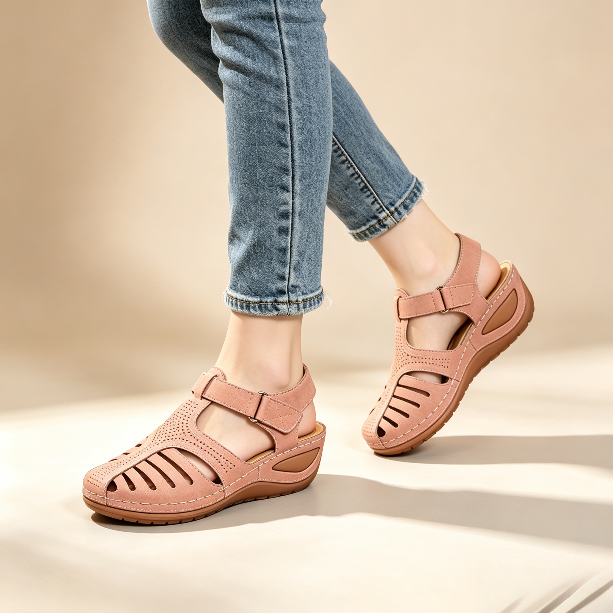 Women's Closed-Toe Cut-Out Wedge Sandals with Adjustable Hook-and-Loop Closure