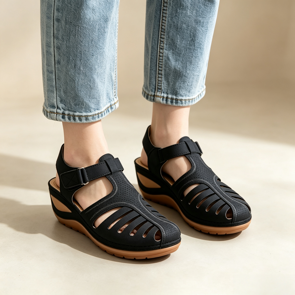 Women's Closed-Toe Cut-Out Wedge Sandals with Adjustable Hook-and-Loop Closure