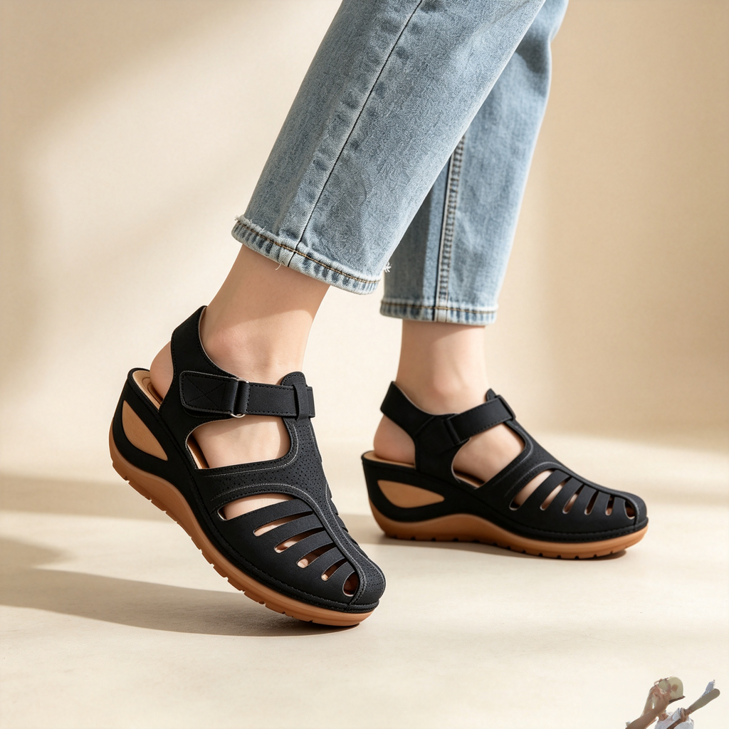 Women's Closed-Toe Cut-Out Wedge Sandals with Adjustable Hook-and-Loop Closure