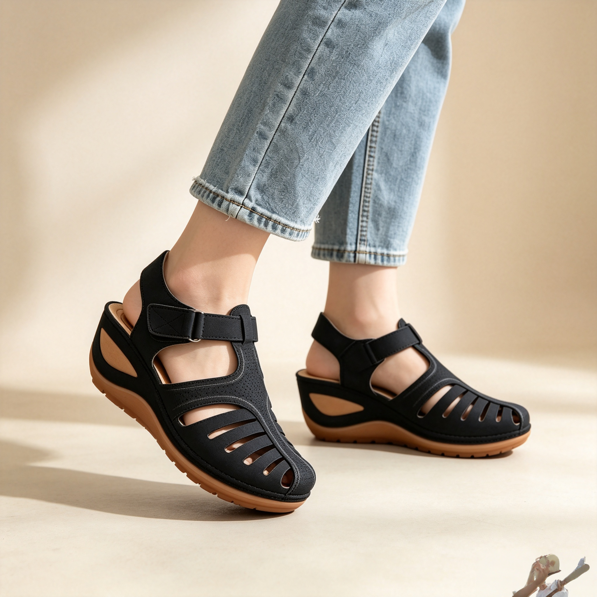 Women's Closed-Toe Cut-Out Wedge Sandals with Adjustable Hook-and-Loop Closure
