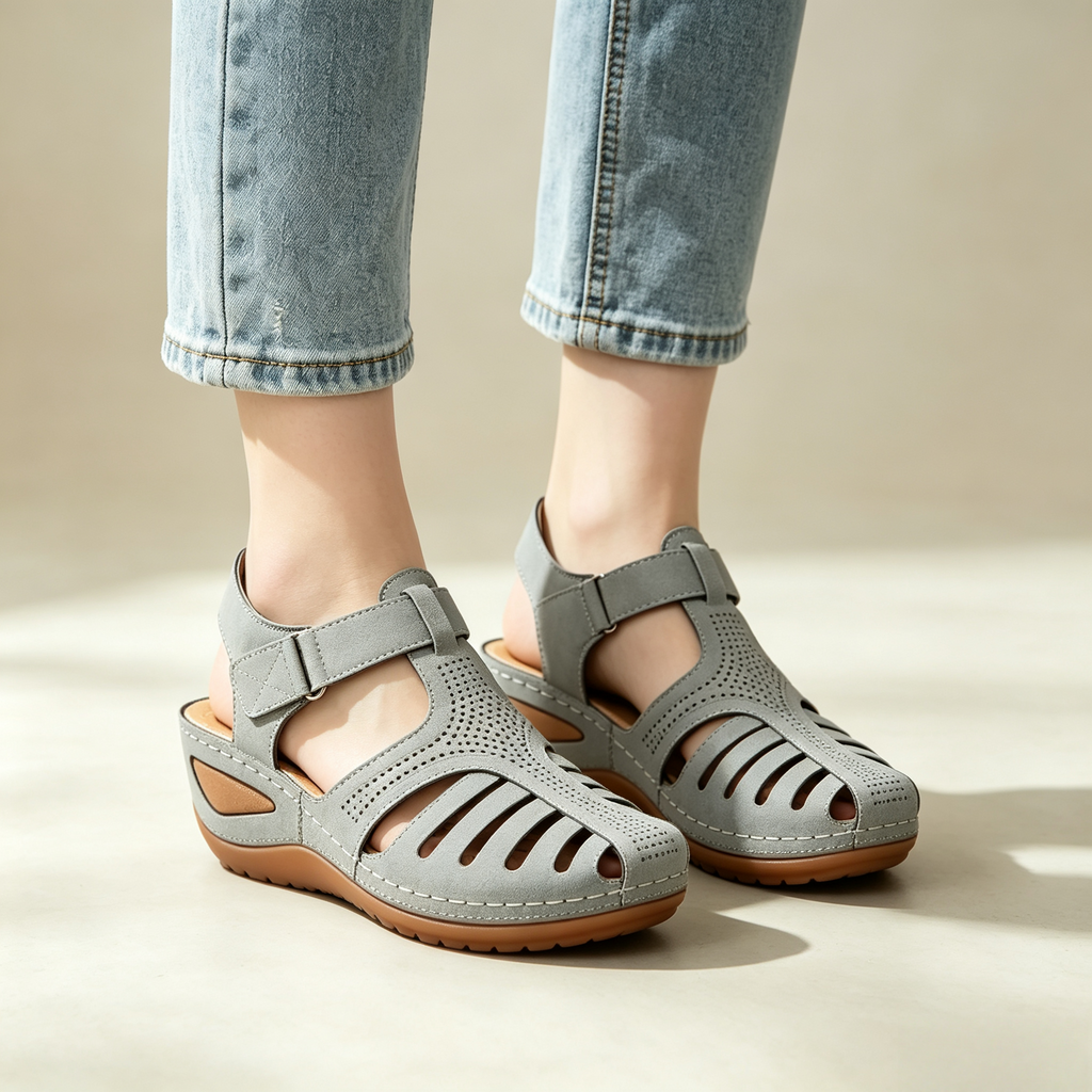Women's Closed-Toe Cut-Out Wedge Sandals with Adjustable Hook-and-Loop Closure