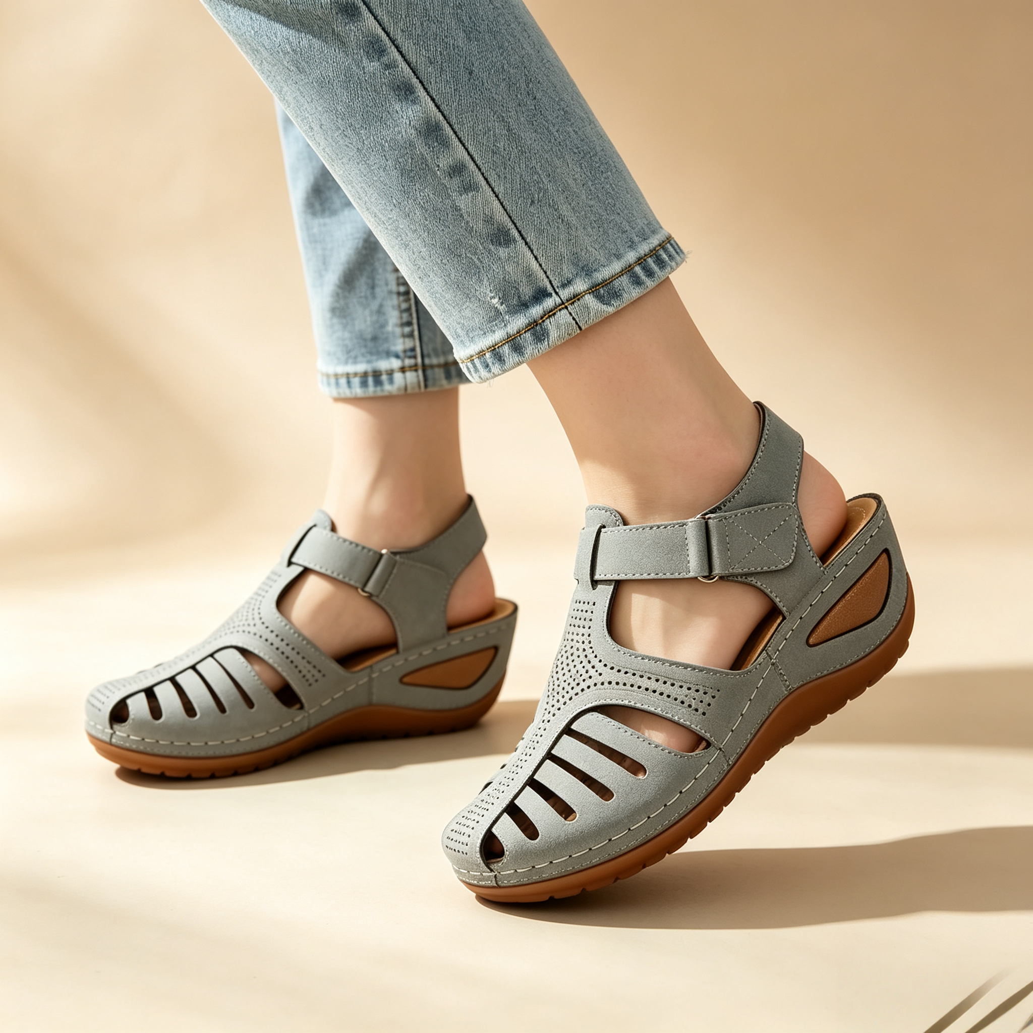 Women's Closed-Toe Cut-Out Wedge Sandals with Adjustable Hook-and-Loop Closure
