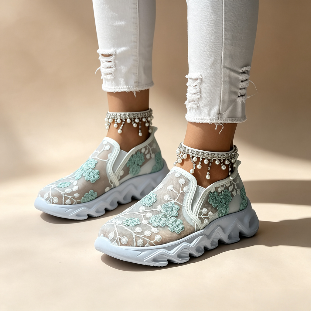 Women's sequin lace-mesh slip-on sneakers