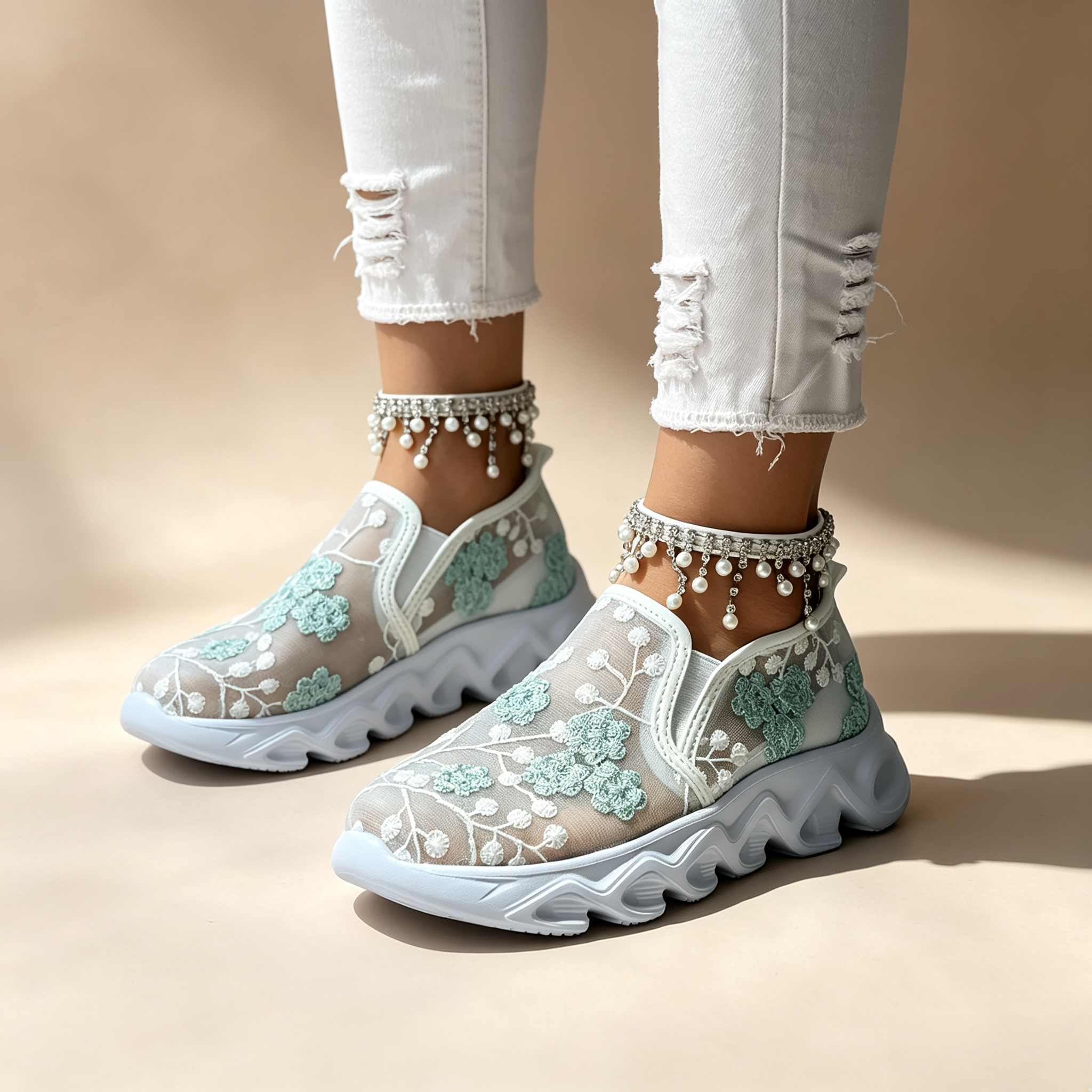 Women's sequin lace-mesh slip-on sneakers