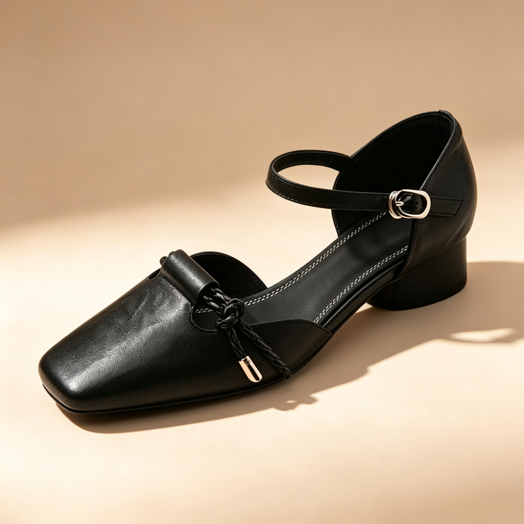 Women's Retro Woven Knot Square-Toe Low-Heel Sandals