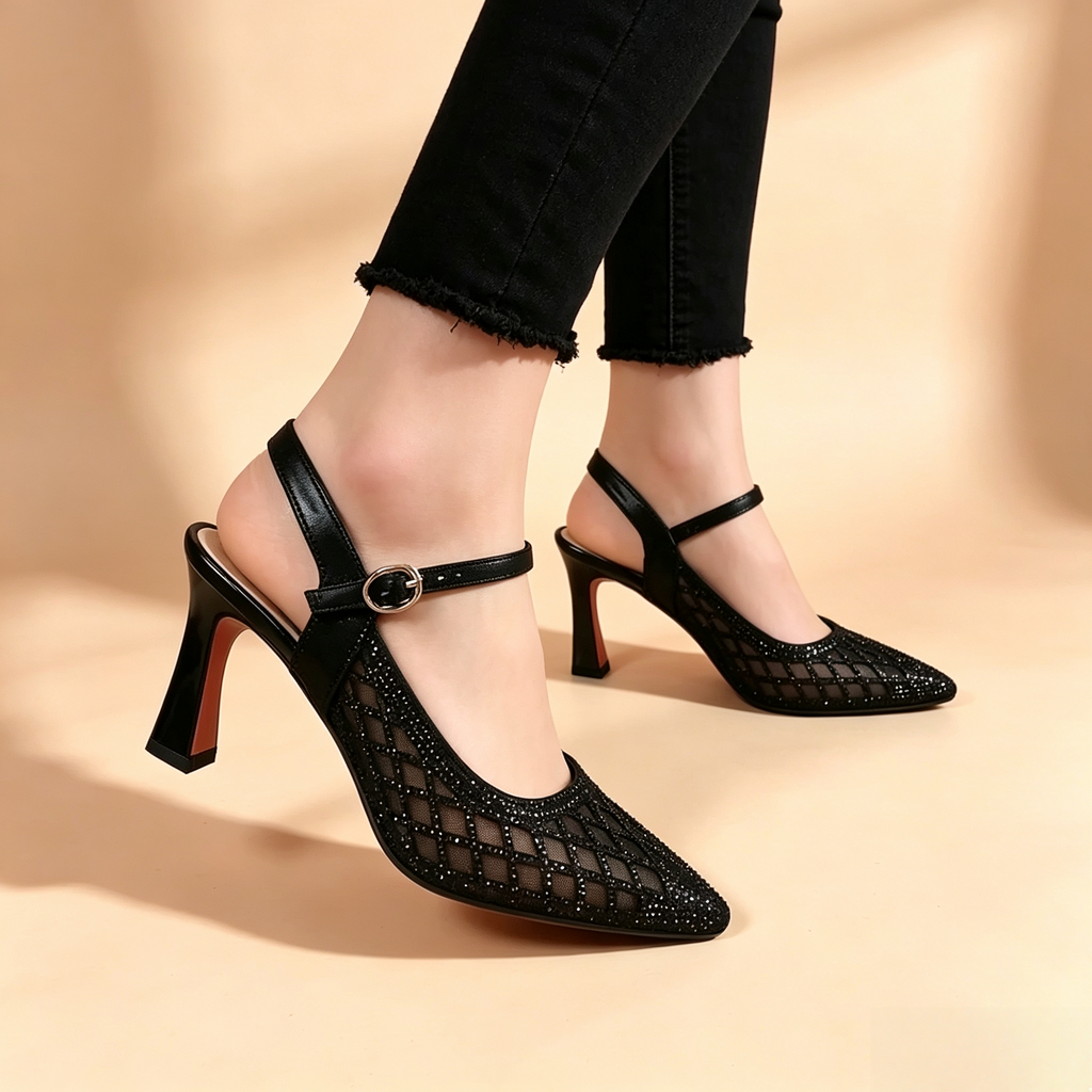 Women's Mesh Rhinestone Pointed-Toe High-Heel Sandals