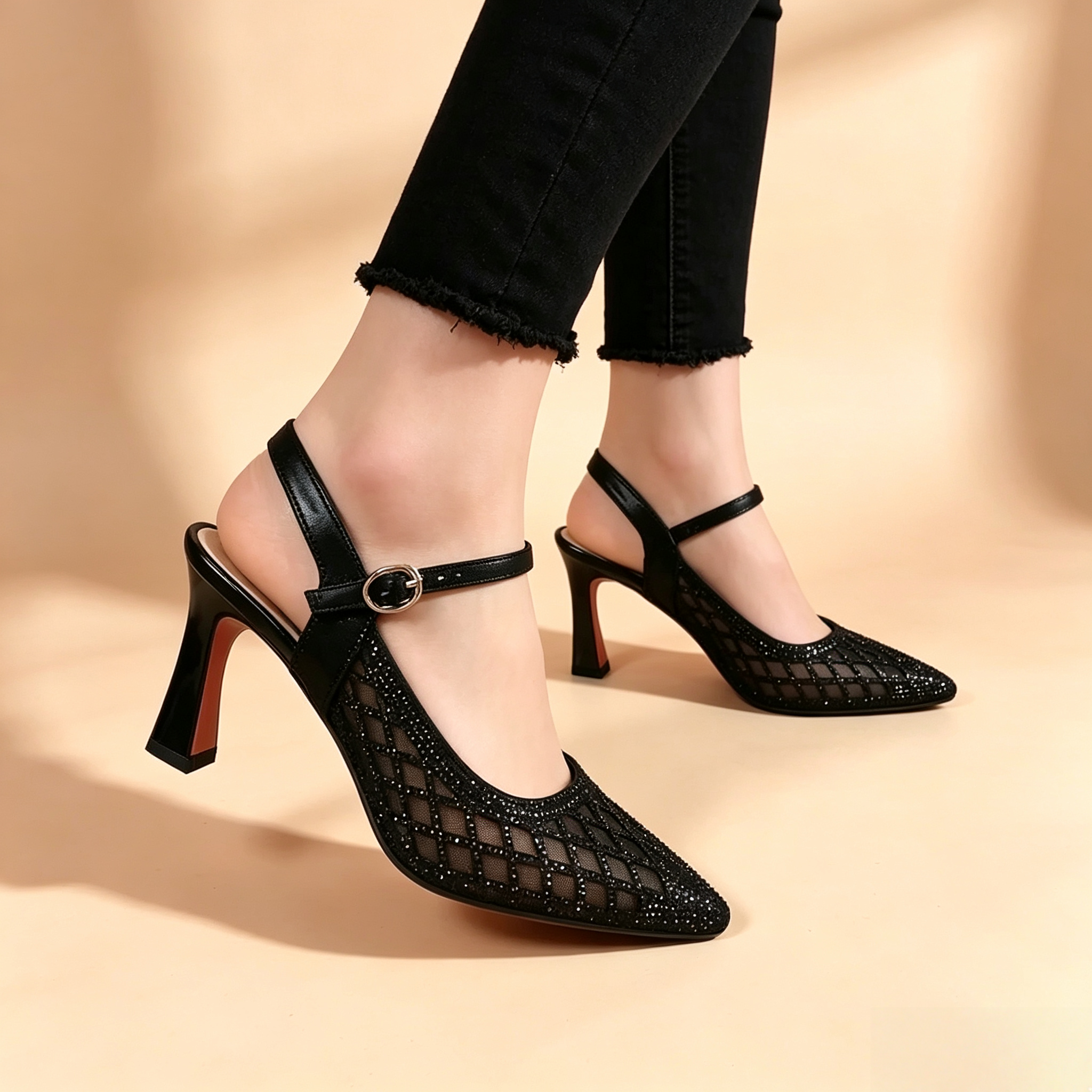 Women's Mesh Rhinestone Pointed-Toe High-Heel Sandals