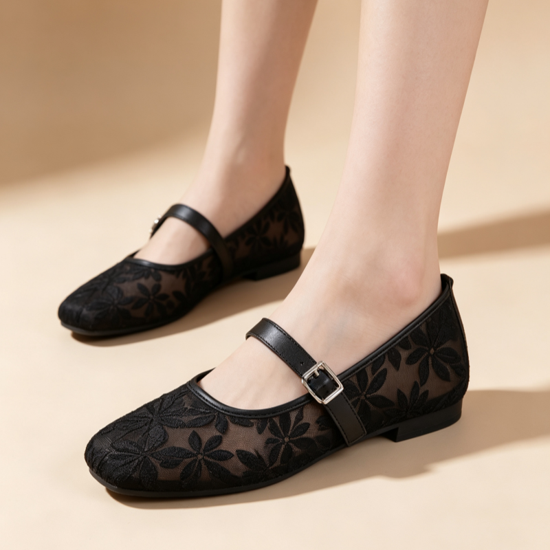 Women's Breathable Casual Mesh Mary Jane Flats with Floral Lace Embroidery