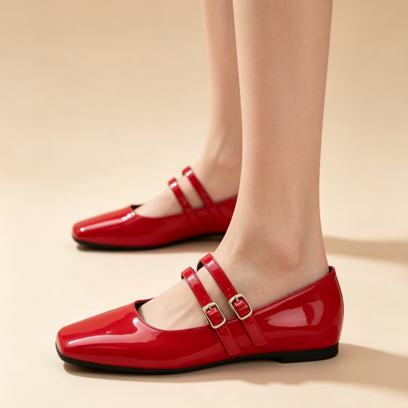 Vintage French Square Toe Patent Leather Mary Jane Flats for Women