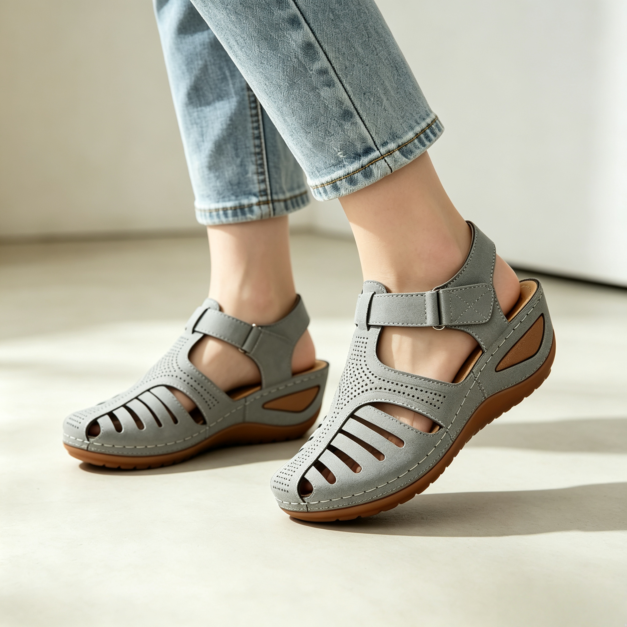 Women's Closed-Toe Cut-Out Wedge Sandals with Adjustable Hook-and-Loop Closure