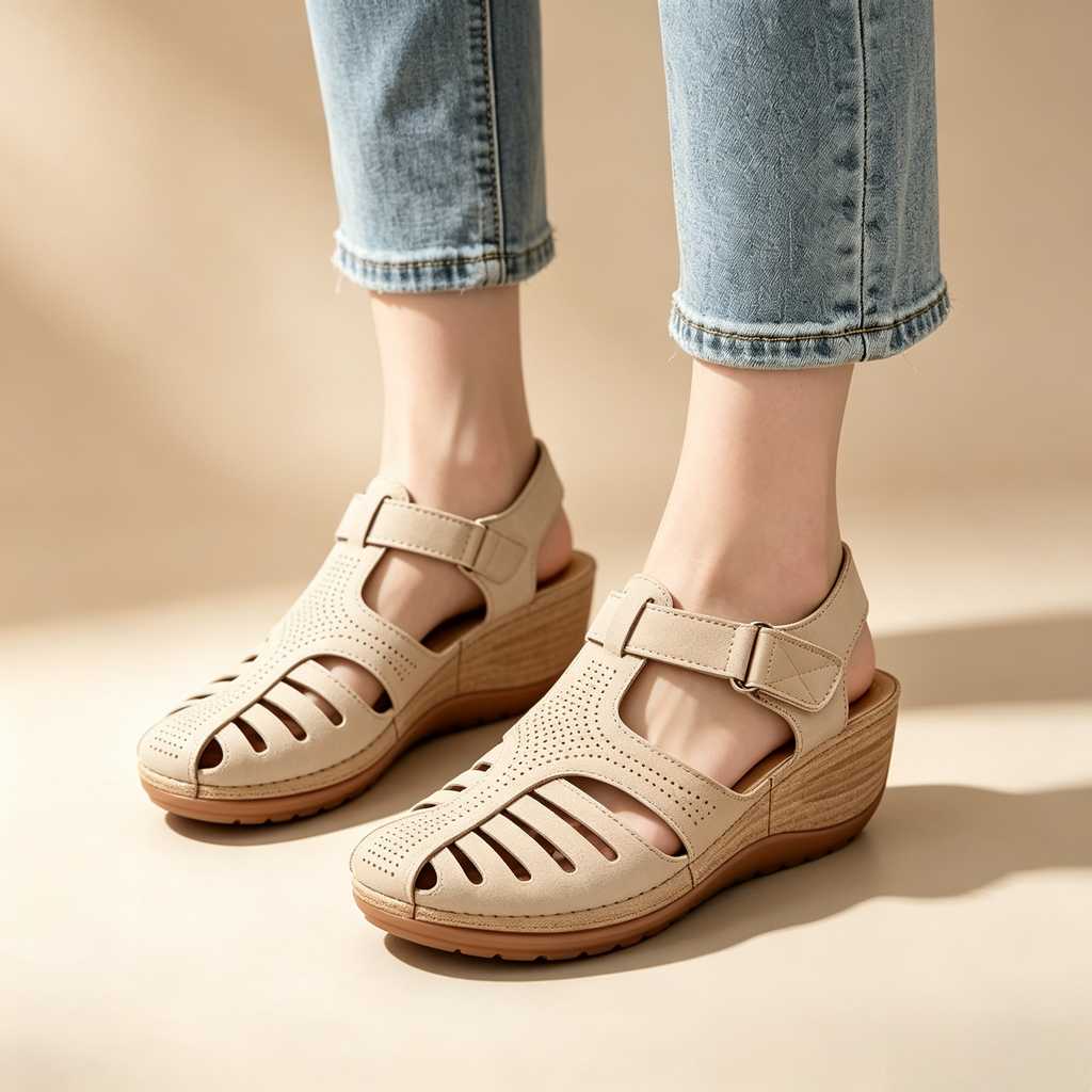 Women's Closed-Toe Cut-Out Wedge Sandals with Adjustable Hook-and-Loop Closure