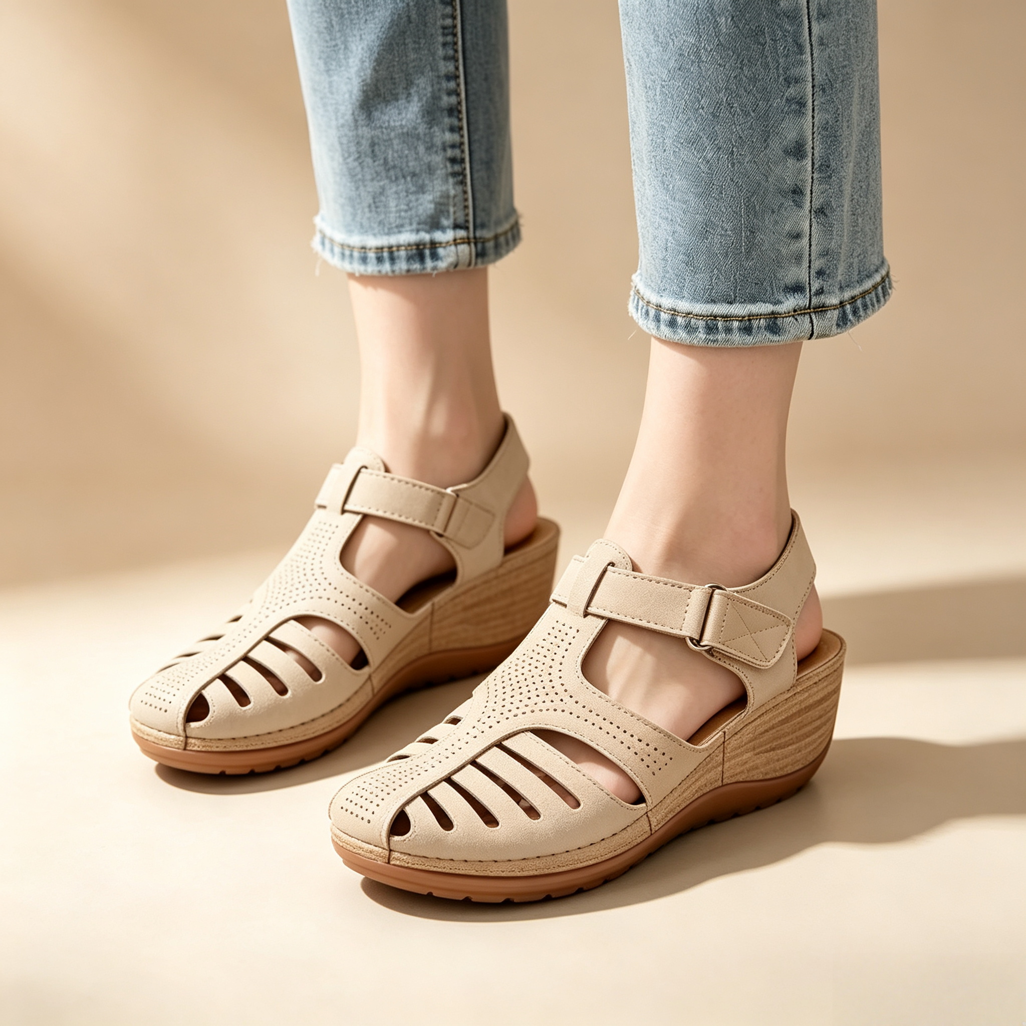 Women's Closed-Toe Cut-Out Wedge Sandals with Adjustable Hook-and-Loop Closure