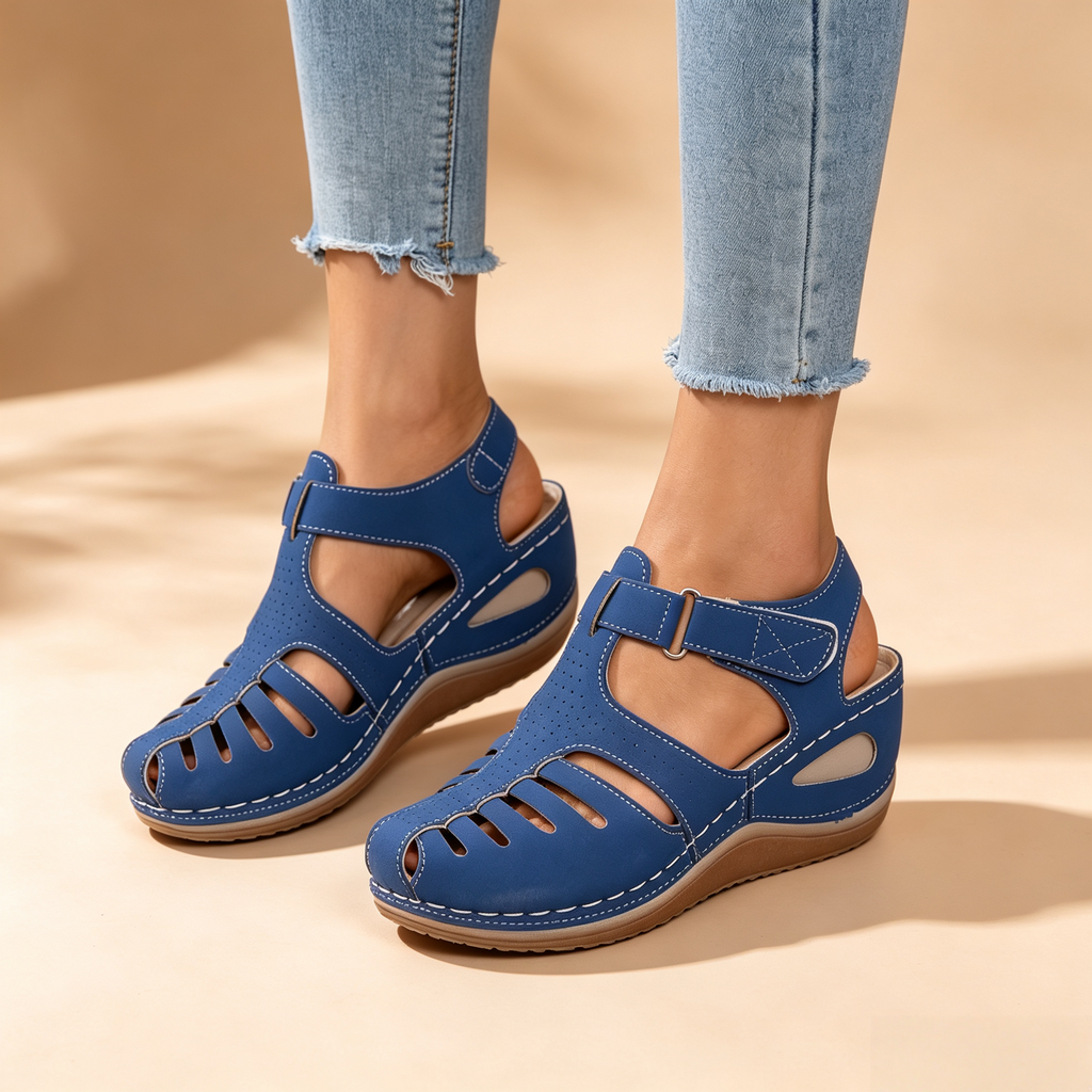 Women's Closed-Toe Cut-Out Wedge Sandals with Adjustable Hook-and-Loop Closure