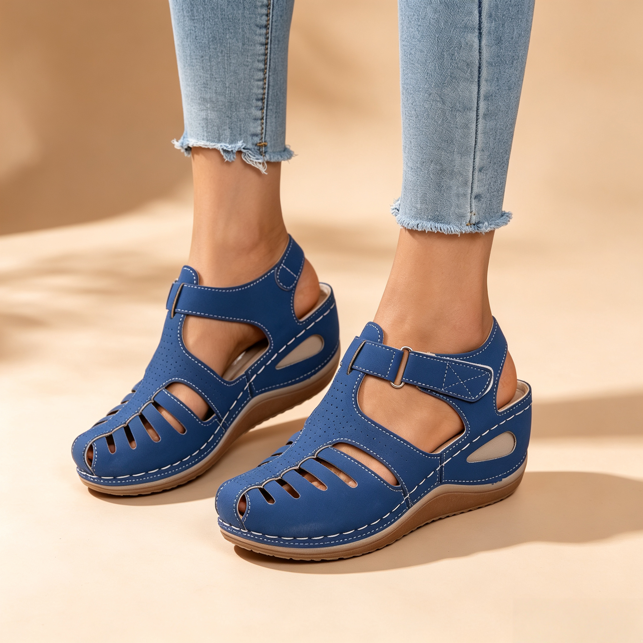 Women's Closed-Toe Cut-Out Wedge Sandals with Adjustable Hook-and-Loop Closure