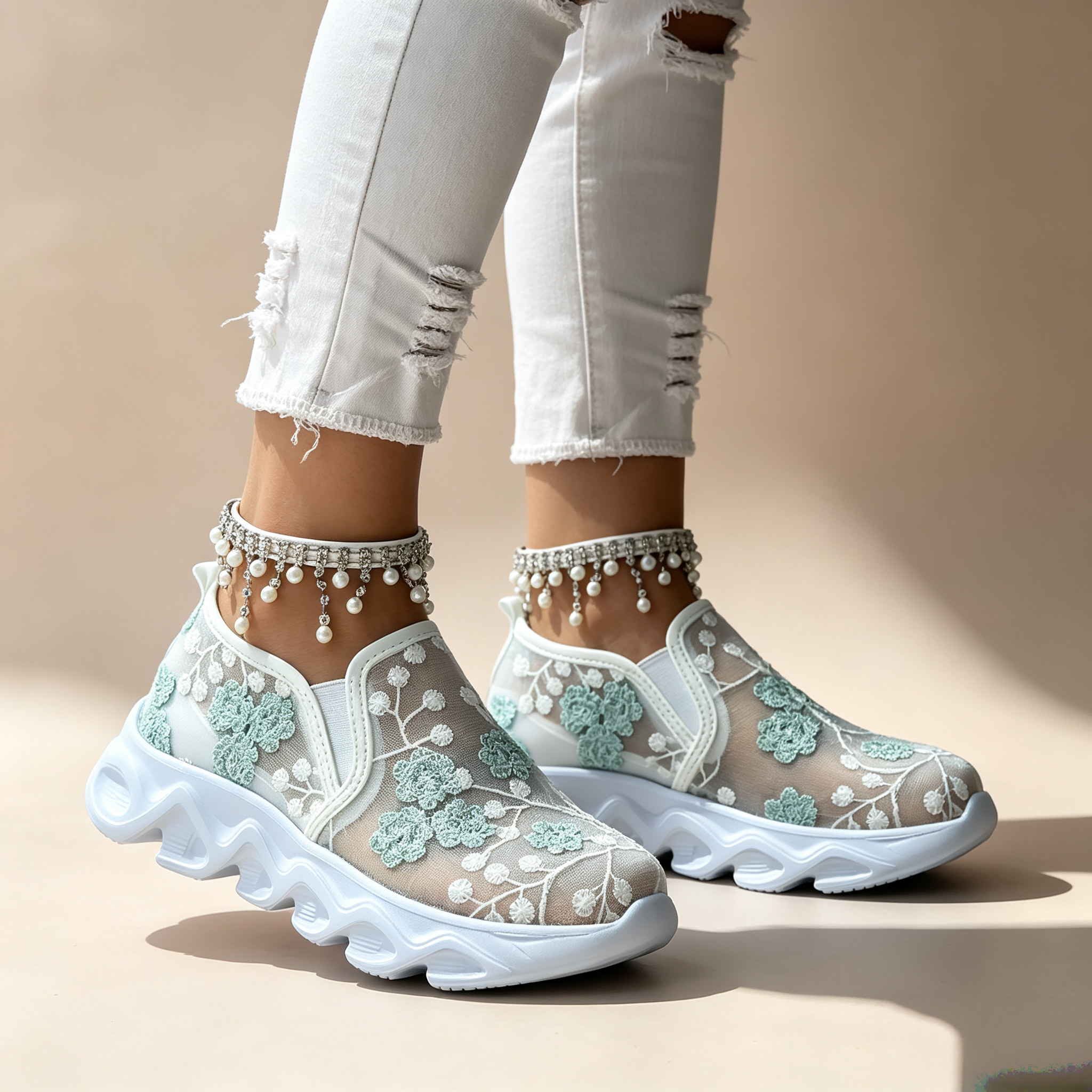 Women's sequin lace-mesh slip-on sneakers