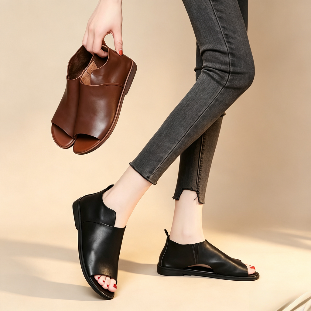 Women's Vintage Open-Toe Leather Flat Sandals