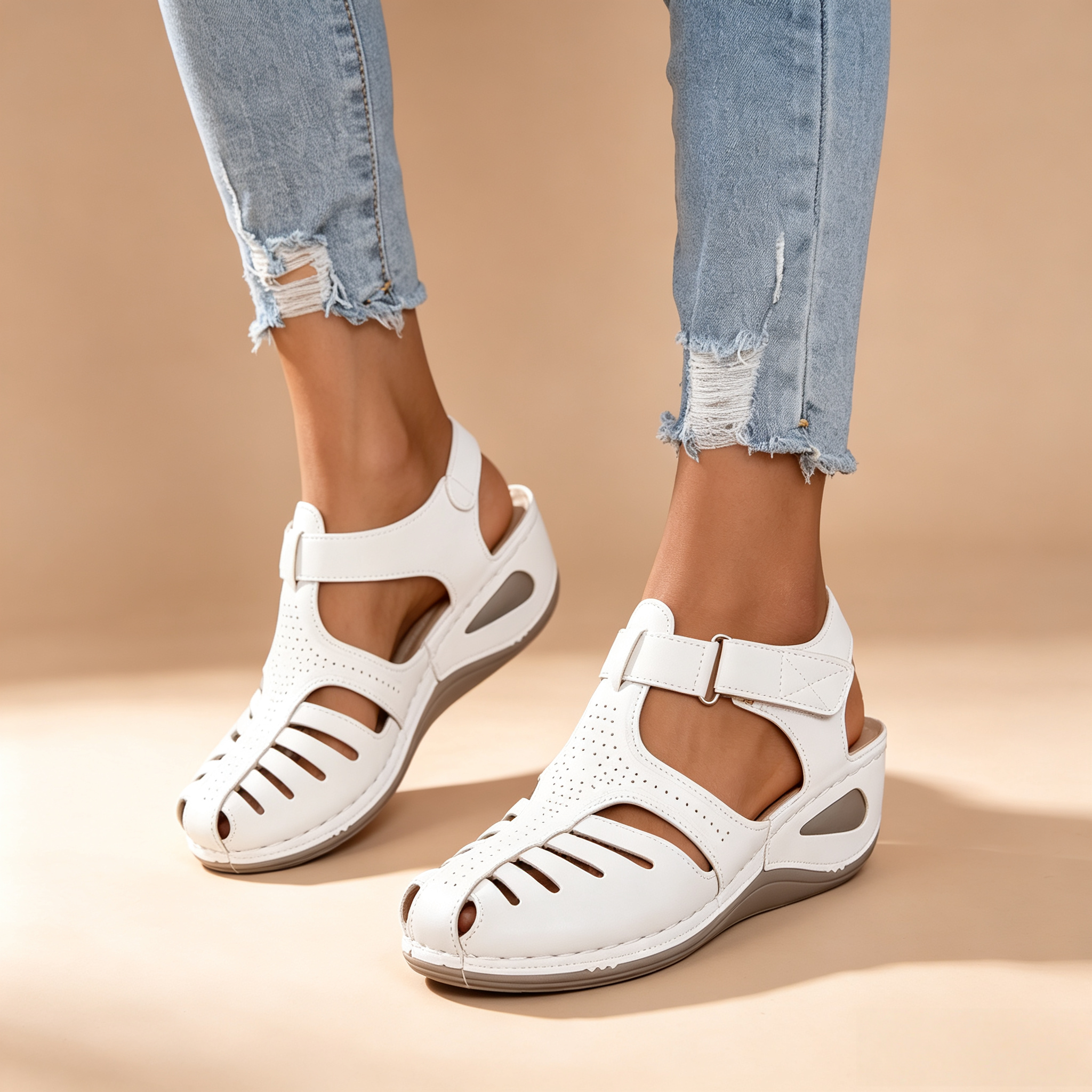 Women's Closed-Toe Cut-Out Wedge Sandals with Adjustable Hook-and-Loop Closure