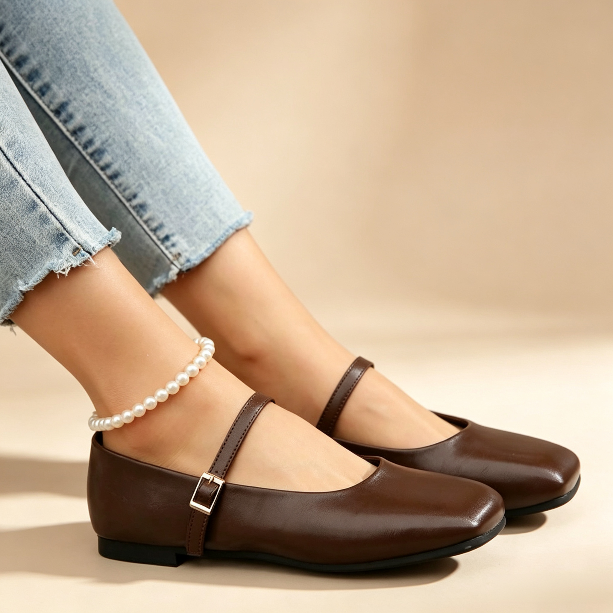 Women's Retro Square-Toe Mary Jane Flats with Single Ankle Strap