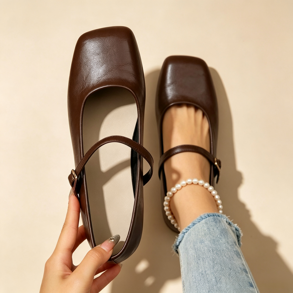 Women's Retro Square-Toe Mary Jane Flats with Single Ankle Strap