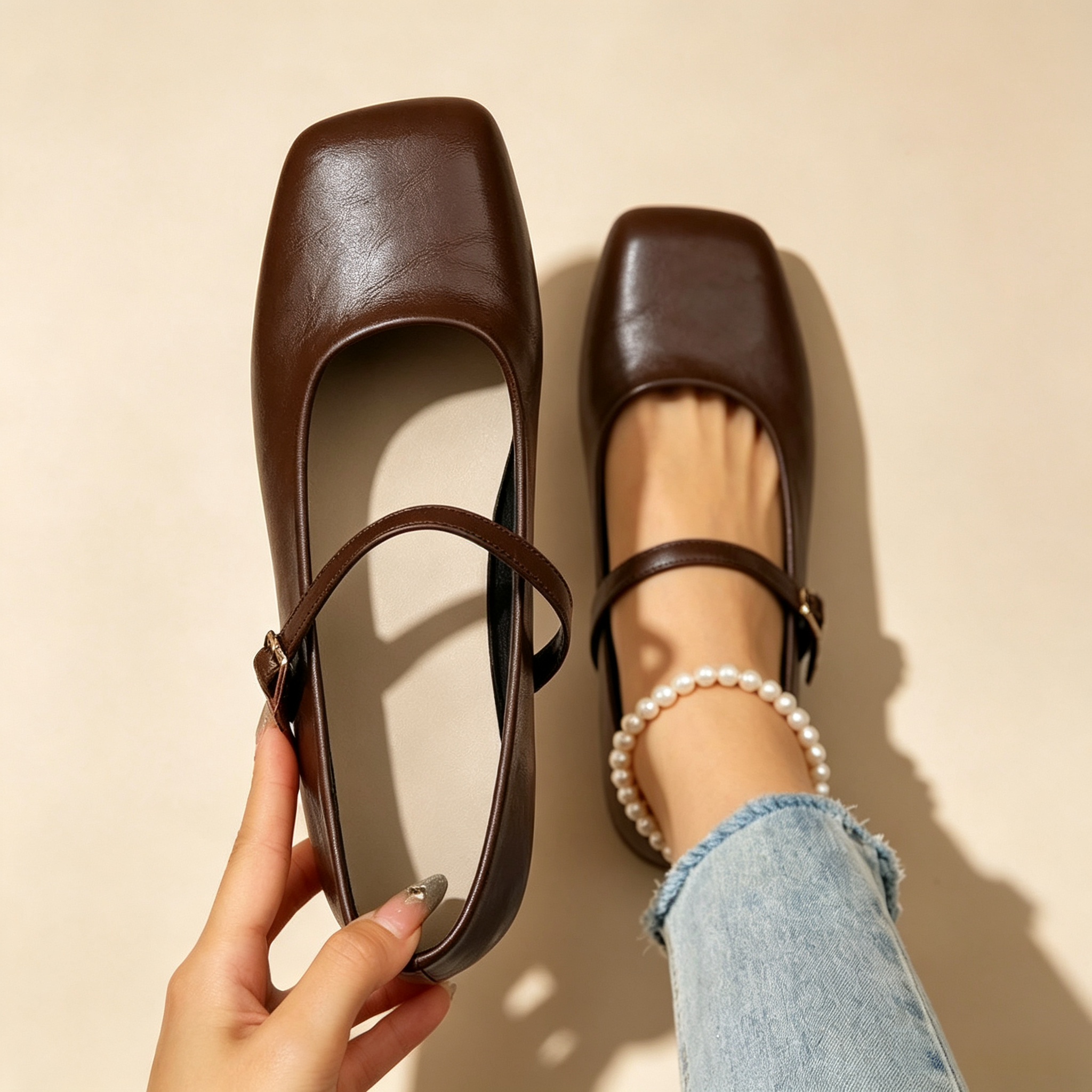 Women's Retro Square-Toe Mary Jane Flats with Single Ankle Strap