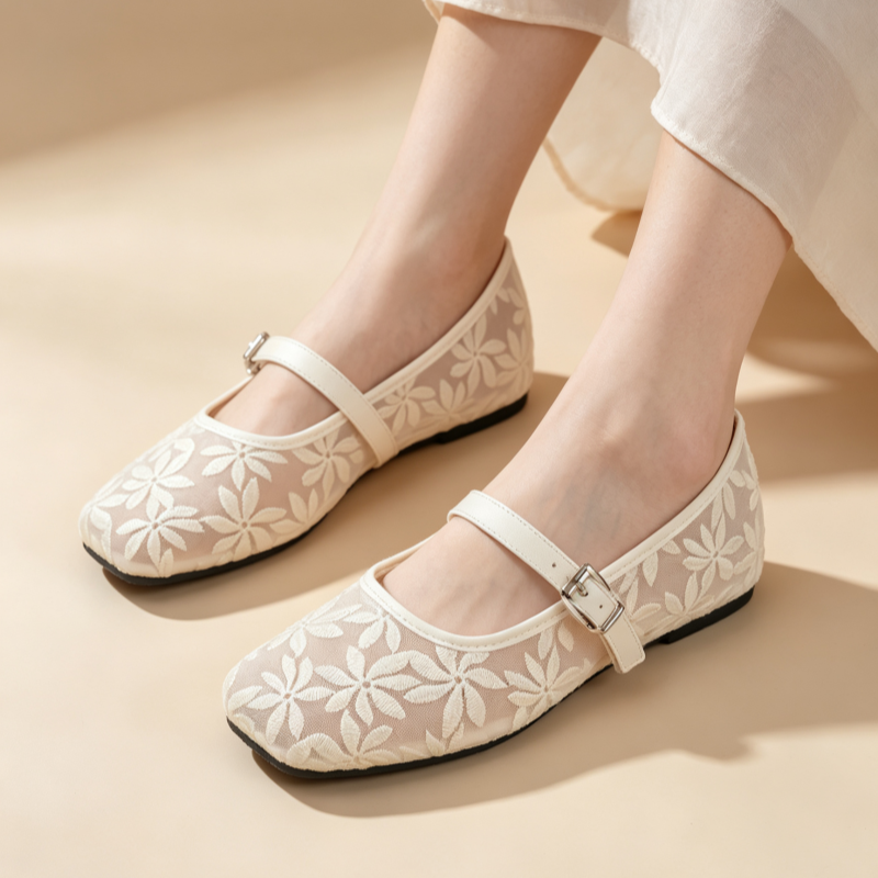 Women's Breathable Casual Mesh Mary Jane Flats with Floral Lace Embroidery