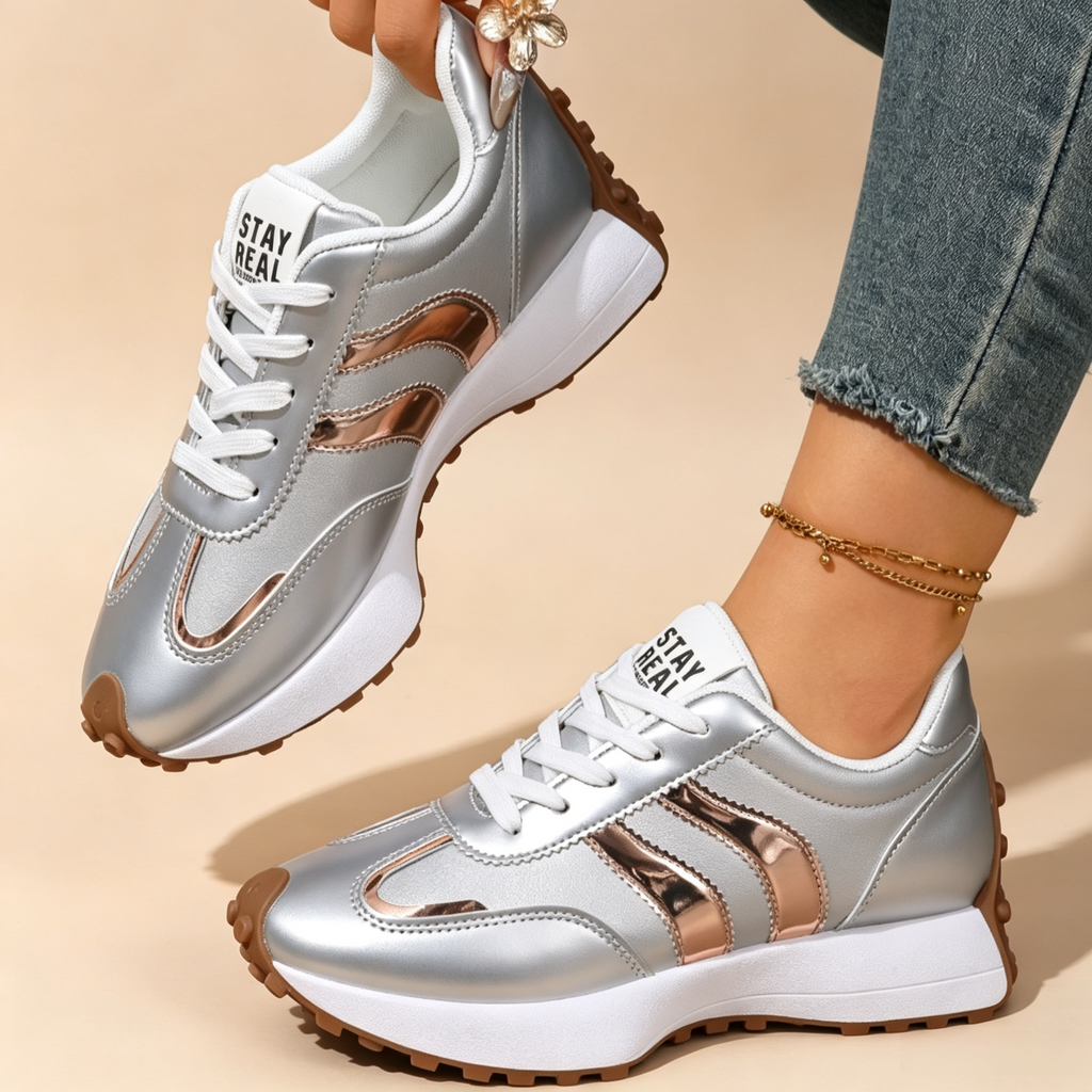 Women's Lightweight Casual Retro Striped Metallic Platform Sneakers