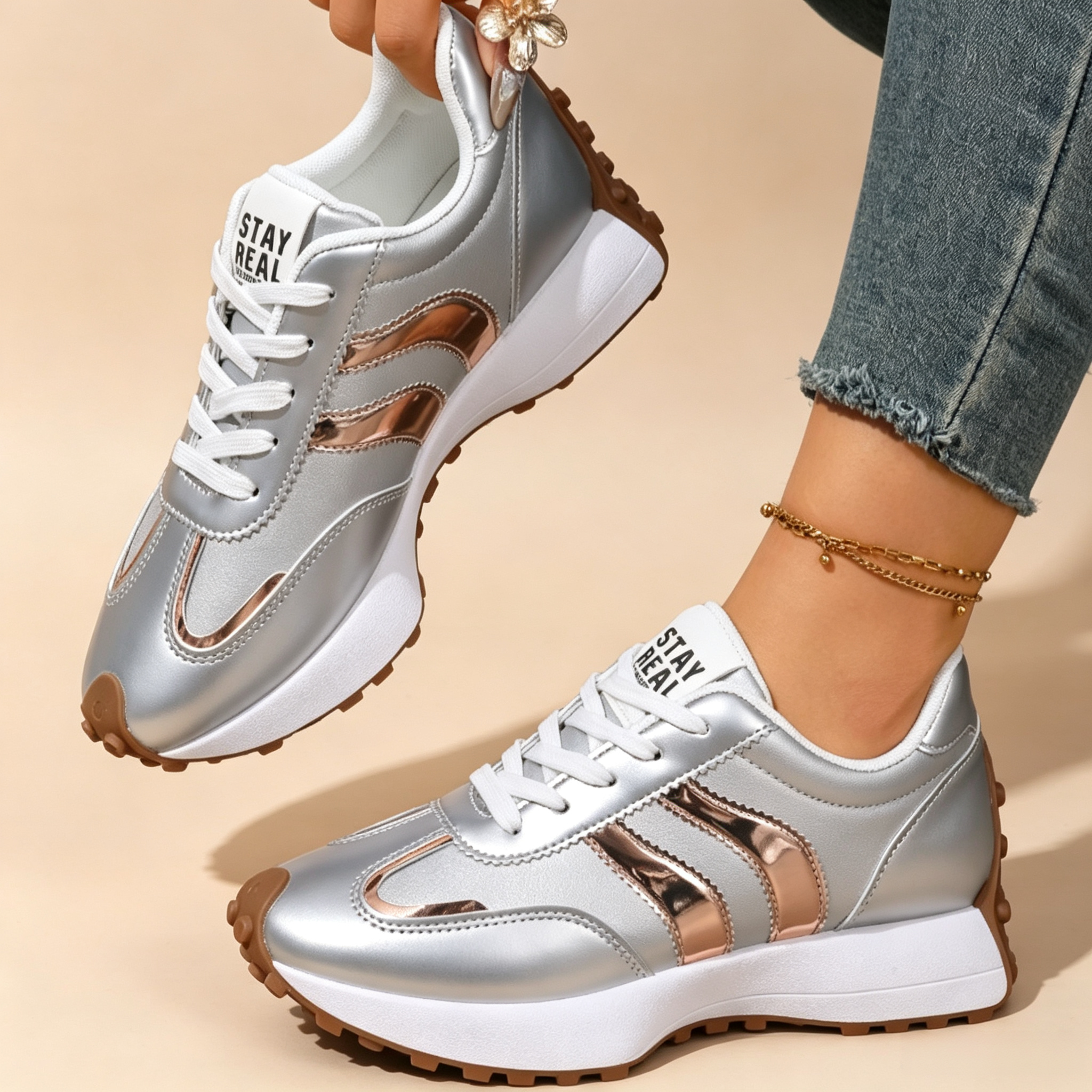 Women's Lightweight Casual Retro Striped Metallic Platform Sneakers